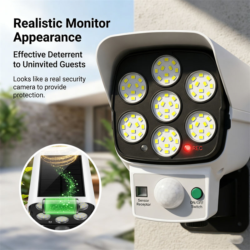 Home Security Beams - Zonne-aangedreven nep-beveiligingscamera met bewegingsmelder LED-schijnwerper buitenlamp